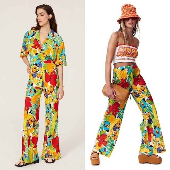 SIMON MILLER Tropical Floral Fruit Print High Rise Wide Leg Pull On Veda Pants L - Picture 1 of 11